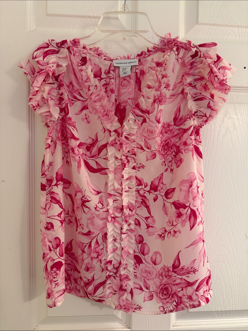 Cupcakes and Cashmere Pink Floral Ruffle Short Sleeve Blouse